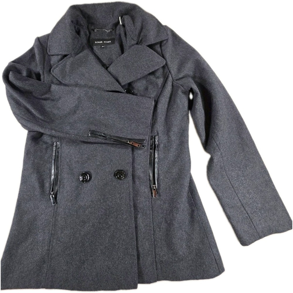 Black Rivet Women's Gray Pea Coat M Mid-Length Button Zip Pockets Wool Blend